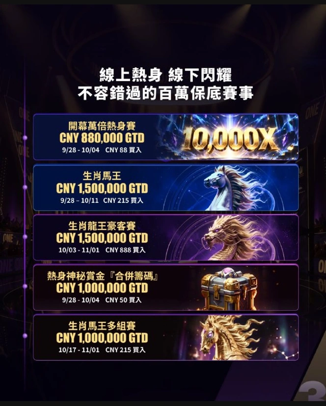 線上熱身線下閃耀 不容錯過的百萬保底賽事 開幕萬倍熱身賽 10,000X CNY…